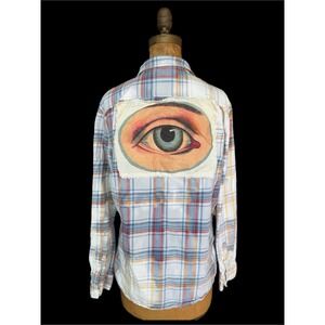 Upcycled Eye Patch Flannel Shirt Medium | Folk Art Plaid Button Down